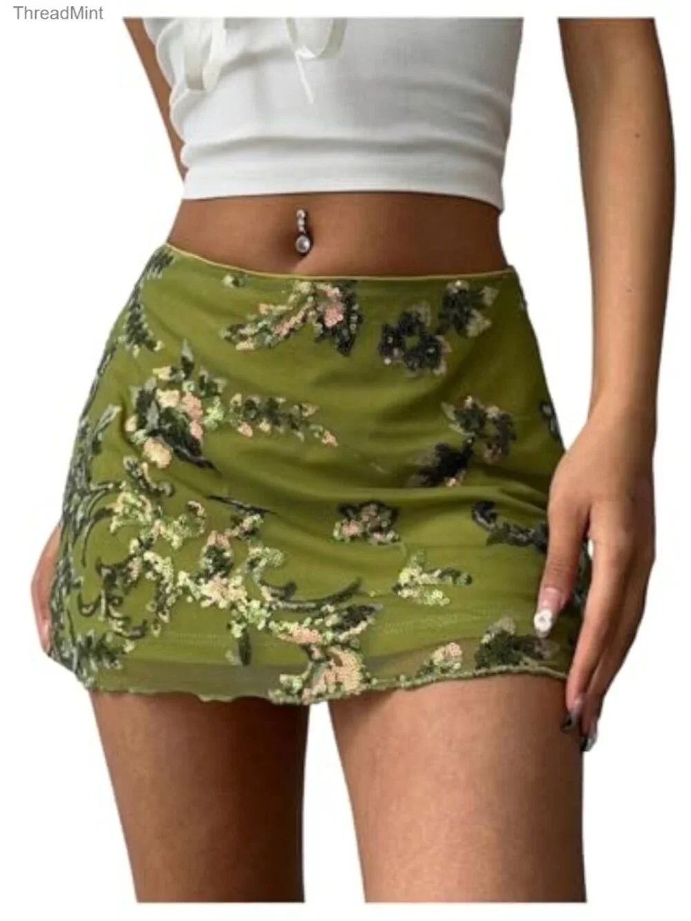 Sequin Mini Skirt Embroidered Low Rise A-Line Stretch Party Wear